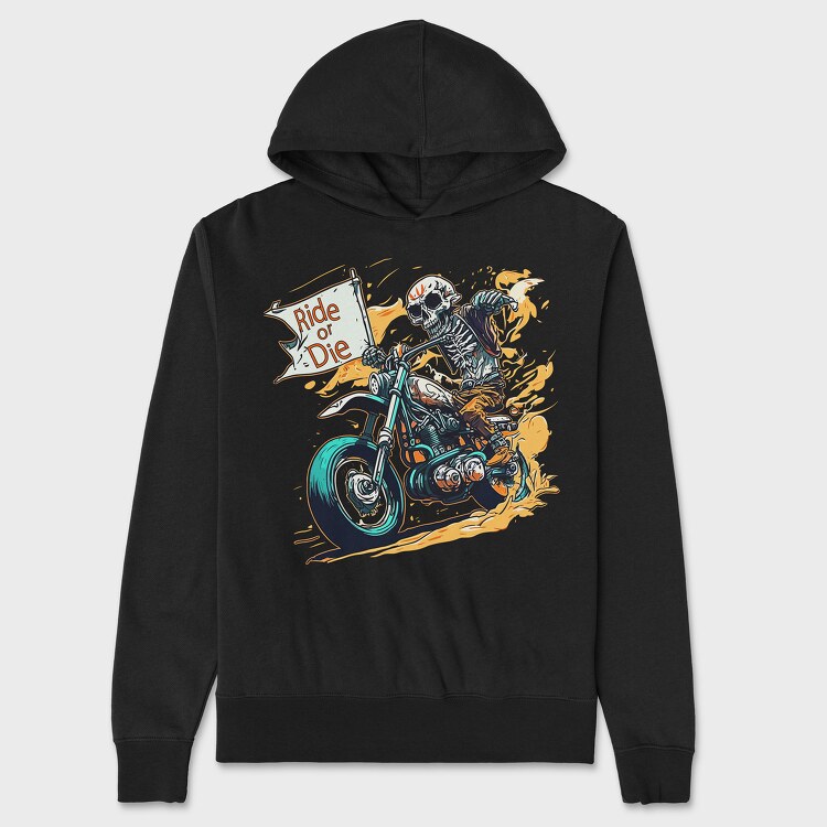 Hanorac Barbati (Unisex), Ride or Die Skeleton Motorcycle Flag Art