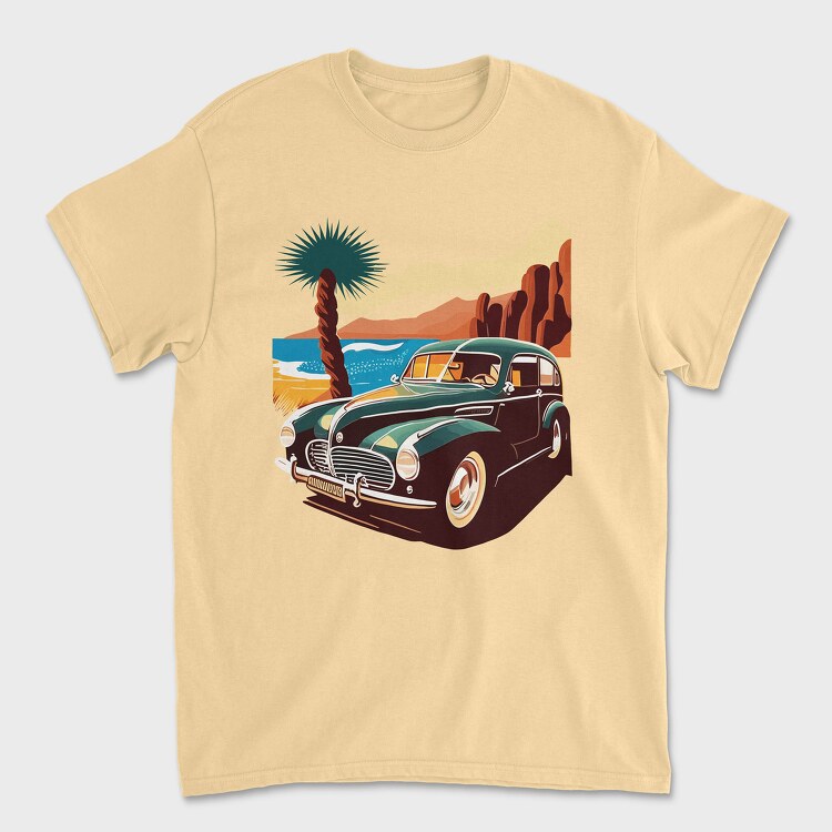 Classic 80S Car Mountains Sunset Beach Trees, Tricou Barbati (Unisex)