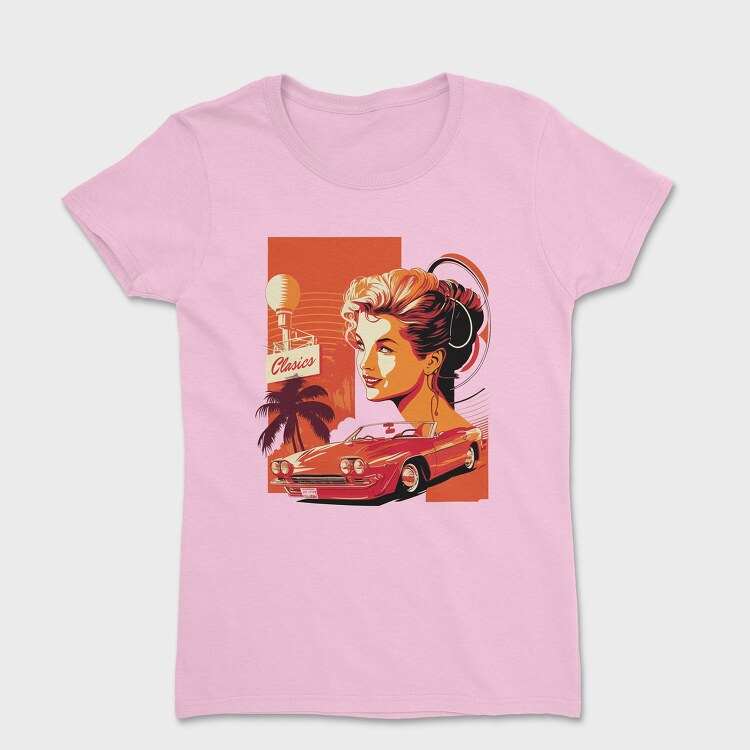 Classic Convertible Car Palm Trees Retro Girl, Tricou Femei