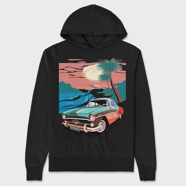 80S Classic Car Sunset Mountains Beach Trees, Hanorac Oversize Barbati (Unisex)