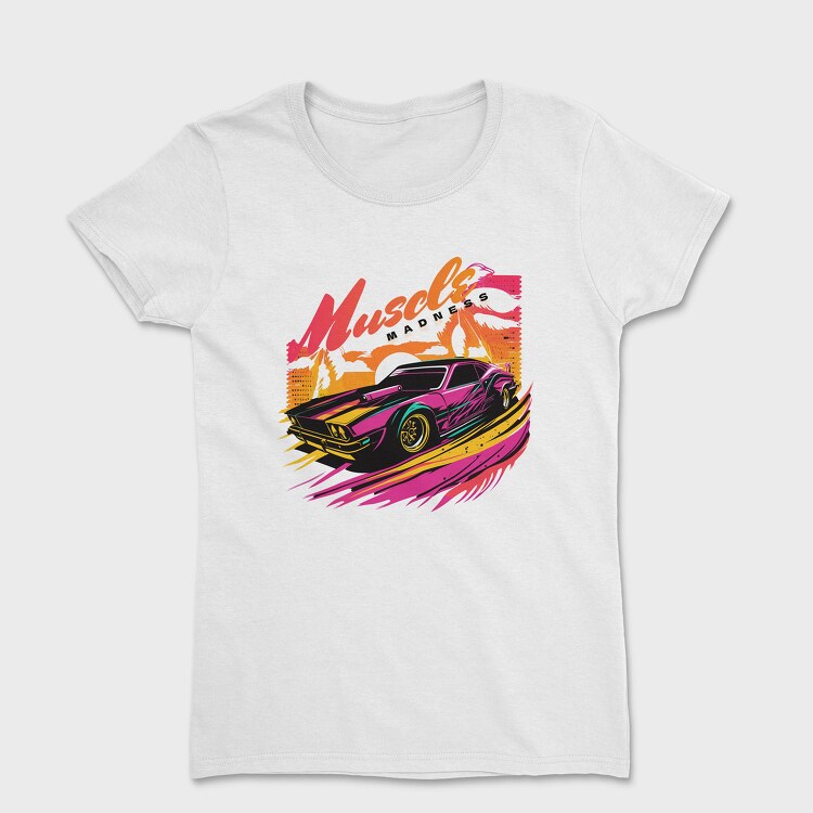 Tricou Femei, Muscle Car Full Speed Palm Trees SunMuscle Madness Pop