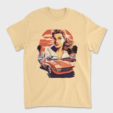 Retro Car Convertible With Girl and Trees, Tricou Barbati (Unisex)