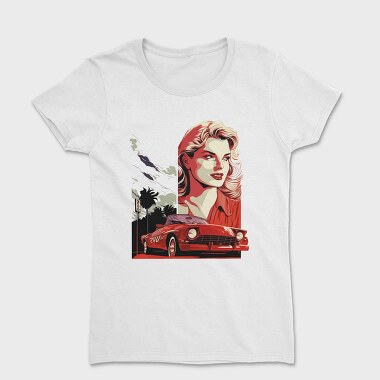 Retro Convertible Car With Woman and Nature, Tricou Femei