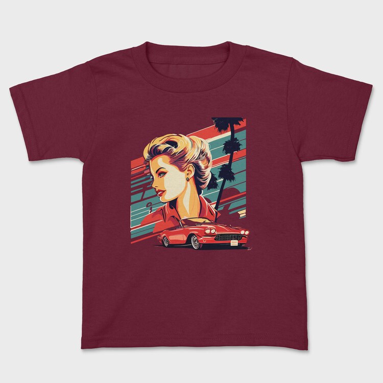 Vintage Car Convertible With Girl and Trees, Tricou Copii