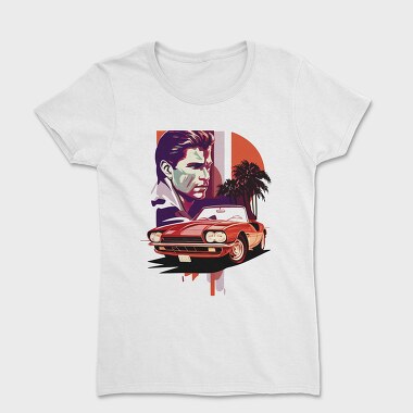 Vintage Car Convertible With Man and Trees, Tricou Femei