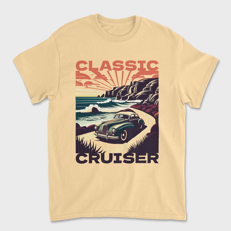 Tricou Barbati (Unisex), Vintage Car Driving Coastal Road