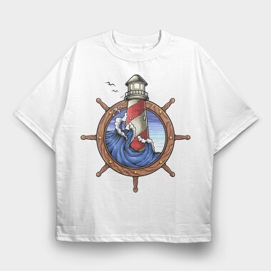 Lighthouse Storm Ship Wheel, Tricou Oversize Barbati (Unisex)