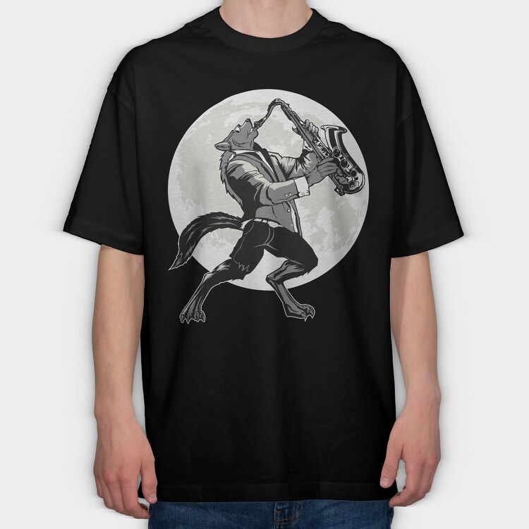 Howling Saxophone Wolf, Tricou Oversize Barbati (Unisex)