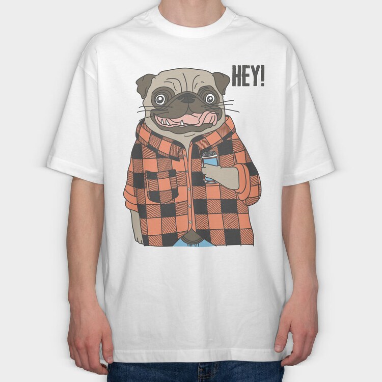 Pug Hey Plaid, Tricou Oversize Barbati (Unisex)