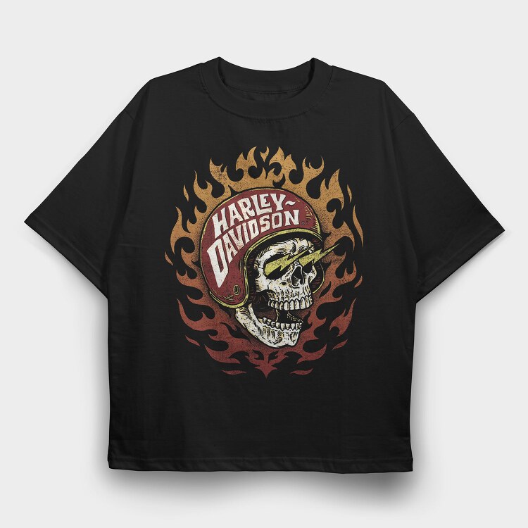 Harley Davidson Flaming Skull, Tricou Oversize Barbati (Unisex)