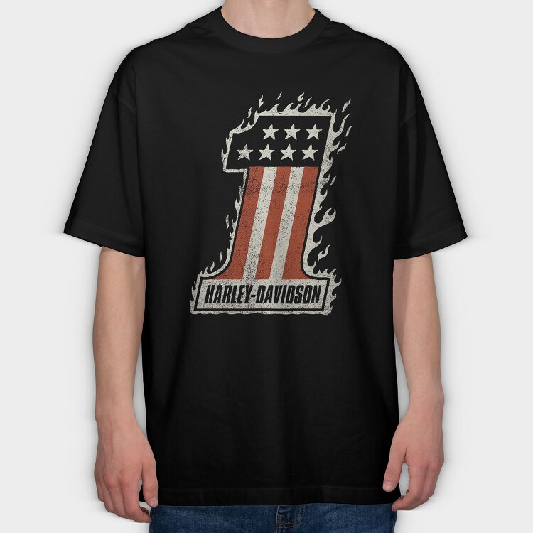 Harley Davidson Flames Stars Flag, Tricou Oversize Barbati (Unisex)