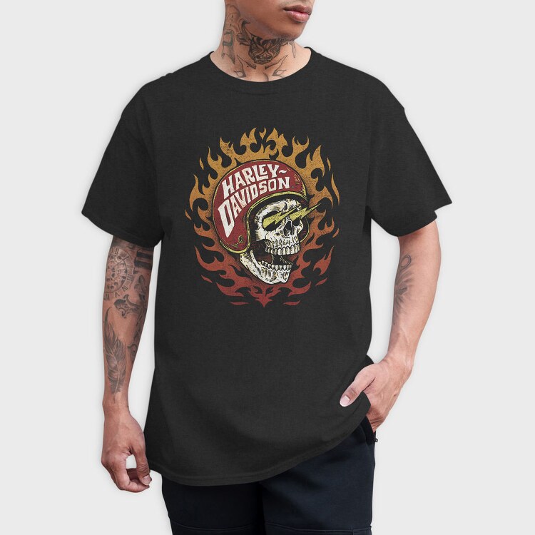 Harley Davidson Flaming Skull, Tricou Barbati (Unisex)