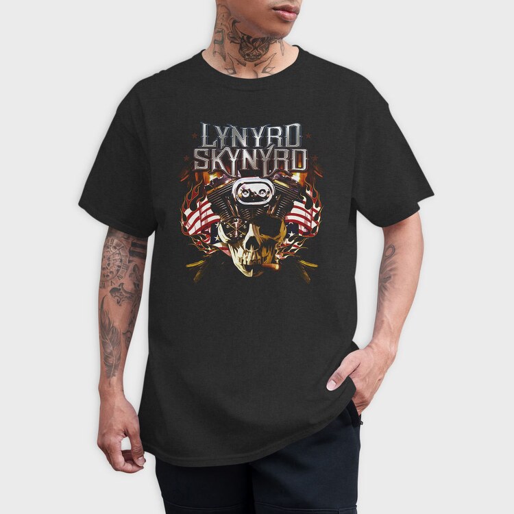 Lynnyrd Skynyrd Flames Flag Skull, Tricou Barbati (Unisex)