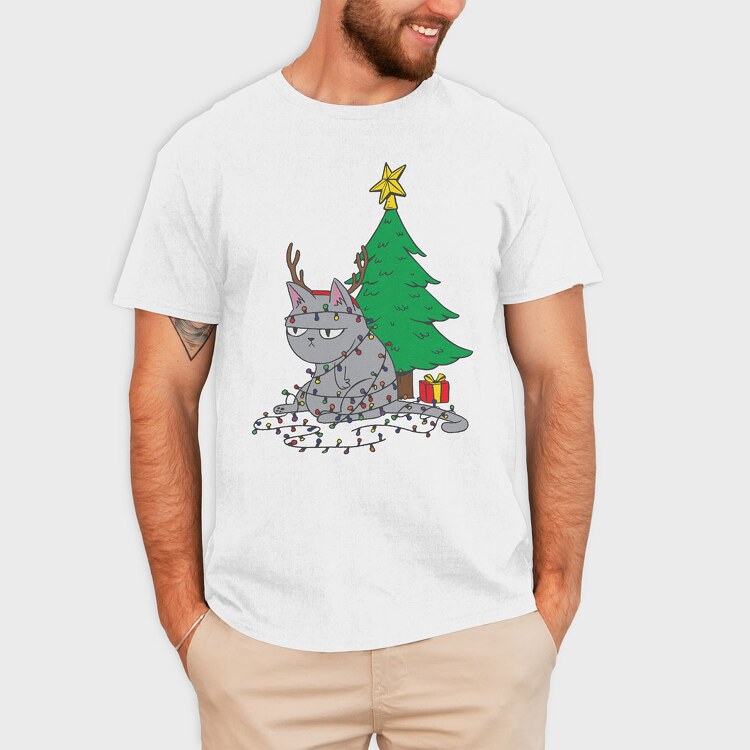 Cat Tangled in Christmas Lights, Tricou Barbati (Unisex)