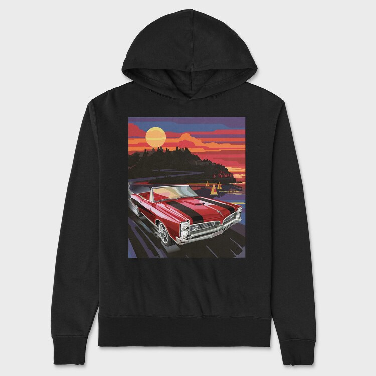 Coastal Vintage Car Cruise Red Sunset Sailboats, Hanorac Oversize Barbati (Unisex)
