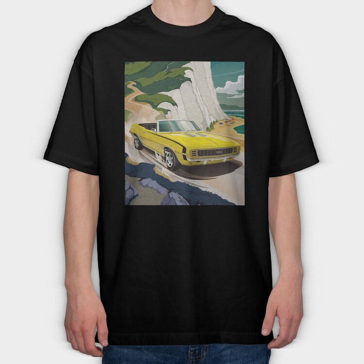 Yellow Chevy Camaro Coastal Cruise, Tricou Oversize Barbati (Unisex)