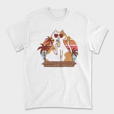 Cat With Summer Drink Retro Sunset, Tricou Barbati (Unisex)