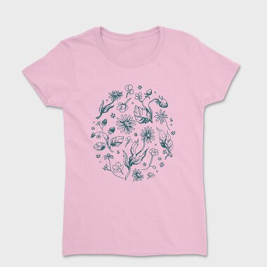 Circle Of Flowers And Leaves Botanical Line Elements, Tricou Femei