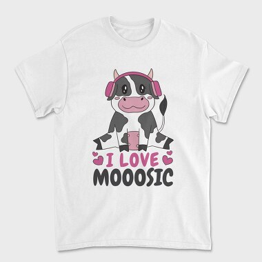 Cow With Headphones I Love Moosic, Tricou Barbati (Unisex)