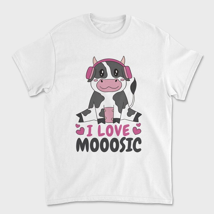 Cow With Headphones I Love Moosic, Tricou Barbati (Unisex)