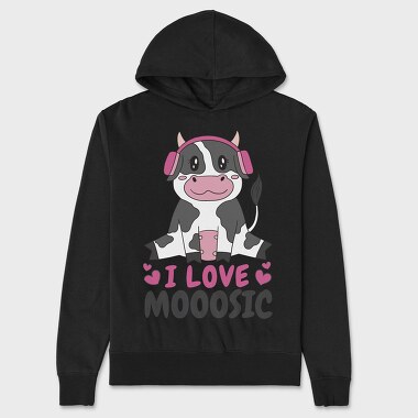 Cow With Headphones I Love Moosic, Hanorac Oversize Barbati (Unisex)