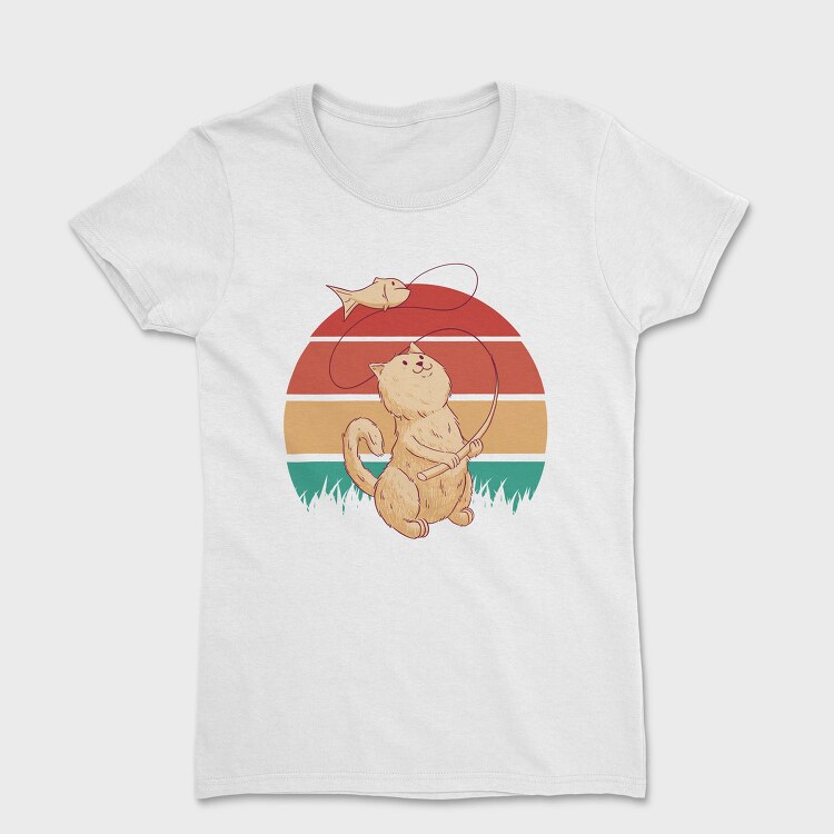 Cute Cat Fishing Retro Sunset, Tricou Femei