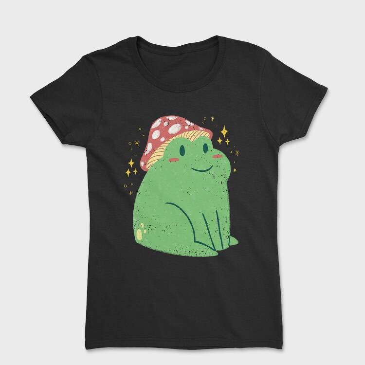 Cute Frog With Mushroom Sitting Cottage Core, Tricou Femei
