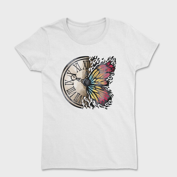 Butterfly And Vintage Clock, Tricou Femei