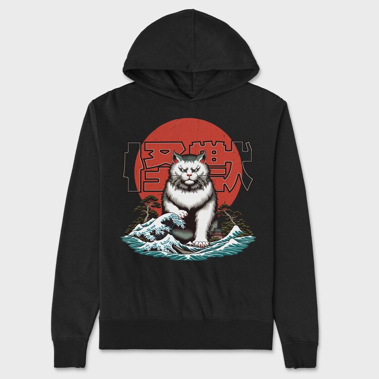 Japanese Wave Cat Catzilla, Hanorac Oversize Barbati (Unisex)