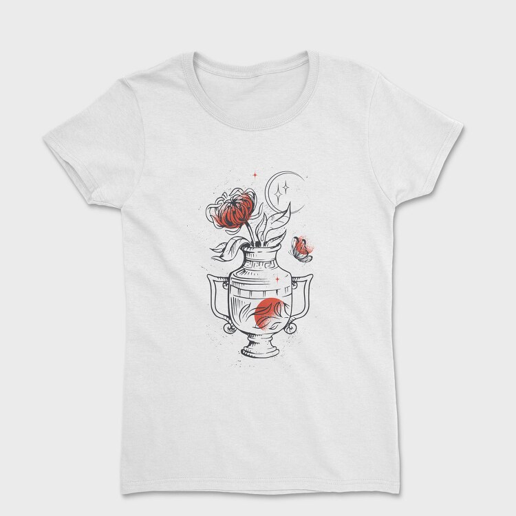 Tattoo Floral Vase Chrysanthemum Moon Red Black, Tricou Femei