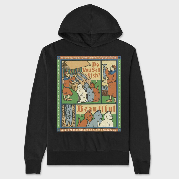Medieval Cat Animal Painting Asking For Fish, Hanorac Oversize Barbati (Unisex)