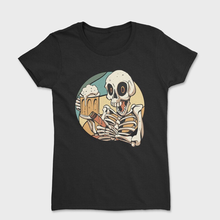 Skeleton Drinking And Smoking Retro Beer Cigar, Tricou Femei