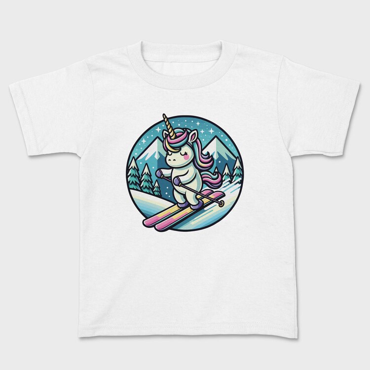 Skiing Unicorn Winter Scene Sky, Tricou Copii