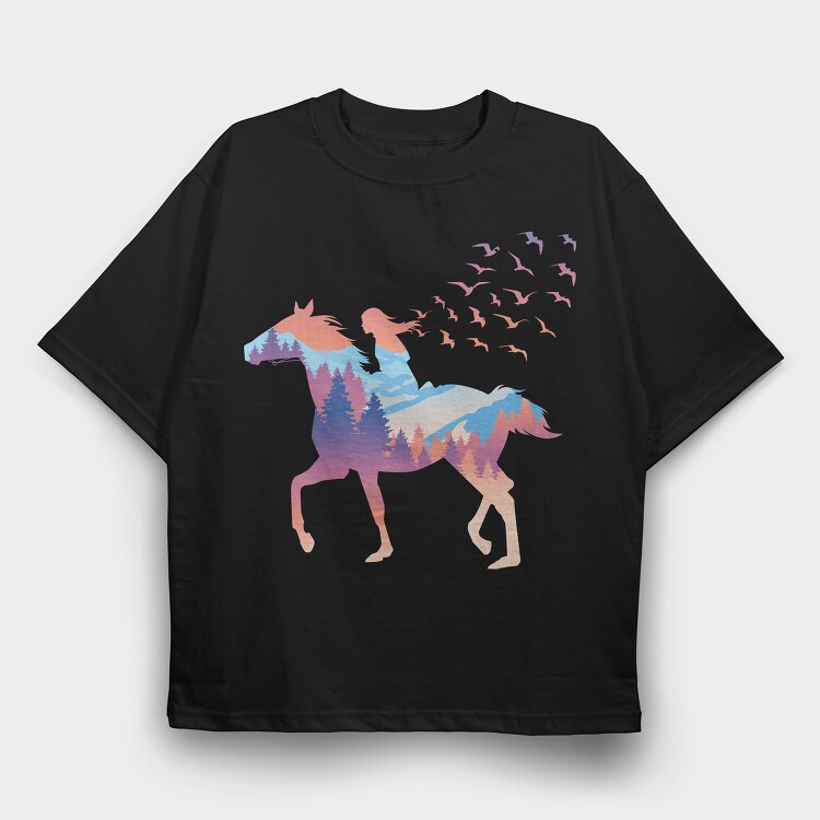 Girl And Horse Forest Winter Landscape, Tricou Oversize Barbati (Unisex)