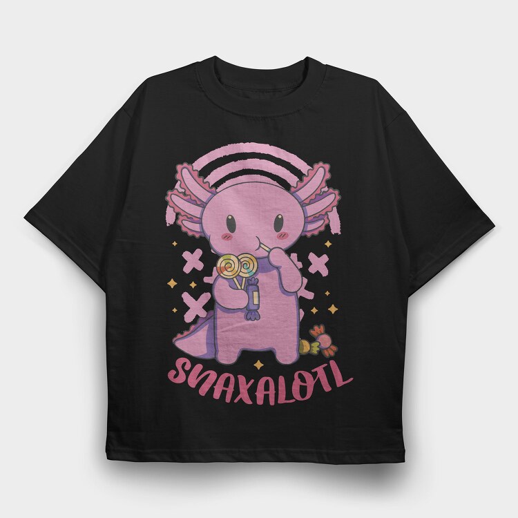 Axolotl Eating Candy Snaxalotl, Tricou Oversize Barbati (Unisex)