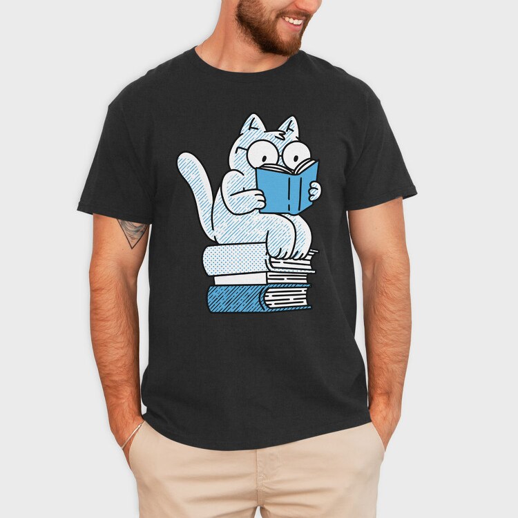 Cat Sitting On Books And Reading, Tricou Barbati (Unisex)