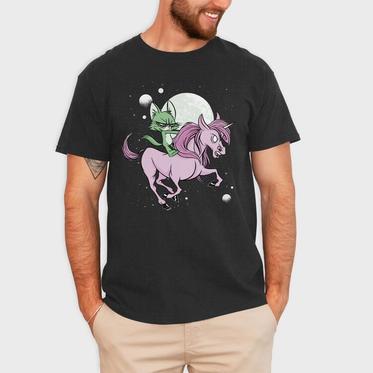 Green Cat Riding Unicorn, Tricou Barbati (Unisex)