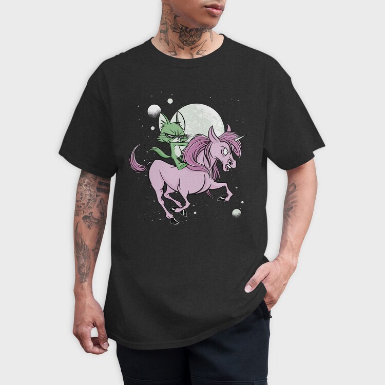 Green Cat Riding Unicorn, Tricou Barbati (Unisex)