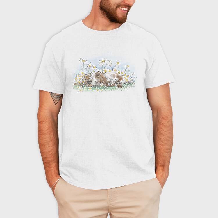 Dog On Flower Field Lying, Tricou Barbati (Unisex)