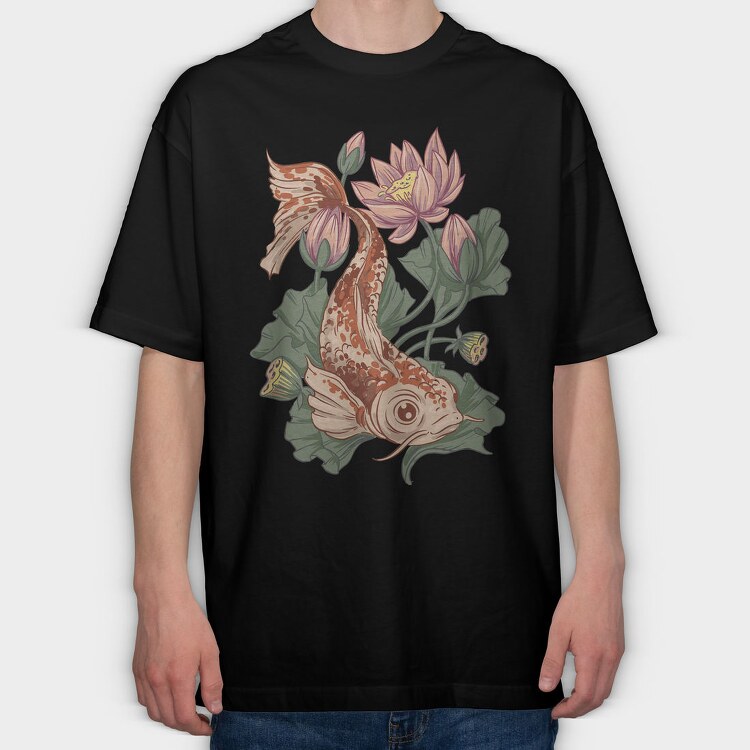 Koi Fish Lotus Illustration 04, Tricou Oversize Barbati (Unisex)