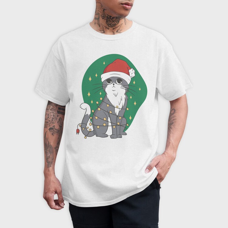 Cat With Fairy Lights Christmas, Tricou Barbati (Unisex)
