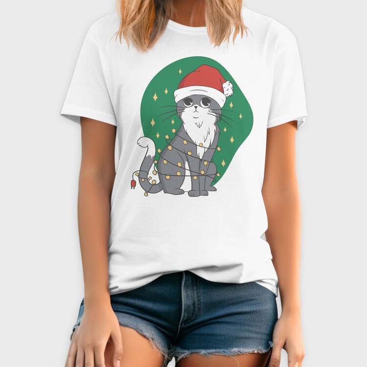 Cat With Fairy Lights Christmas, Tricou Barbati (Unisex)