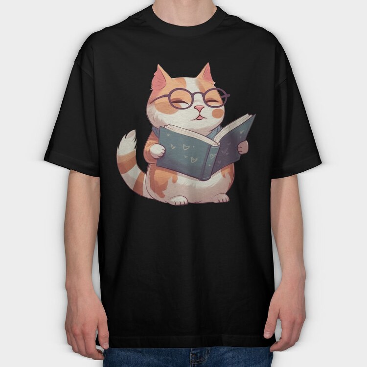 Cat With Glasses Reading Book, Tricou Oversize Barbati (Unisex)