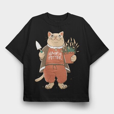 Cat With Plant Pottery, Tricou Oversize Barbati (Unisex)
