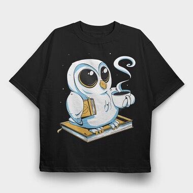 Owl With Books And Coffee Cute, Tricou Oversize Barbati (Unisex)
