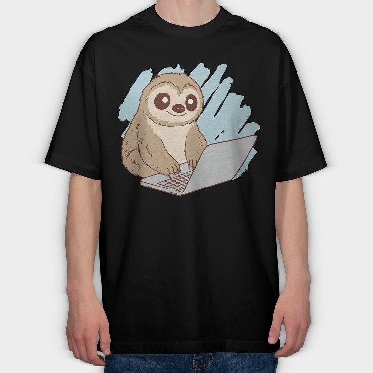 Sloth Using Computer, Tricou Oversize Barbati (Unisex)