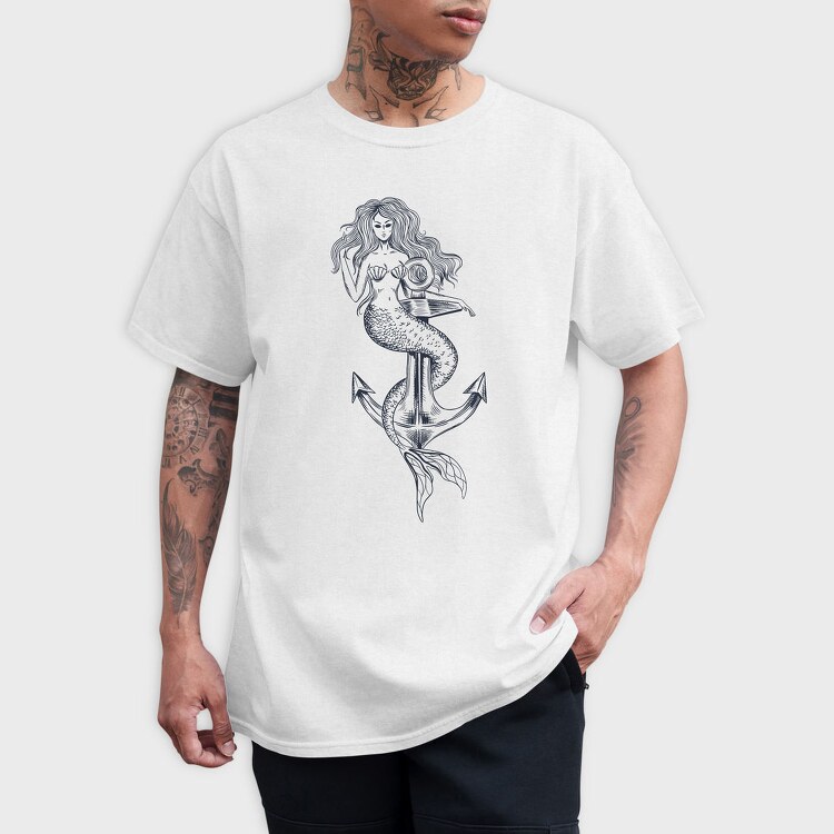 Hand Drawn Mermaid Siren And Anchor, Tricou Barbati (Unisex)