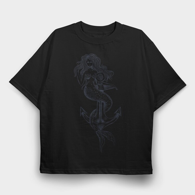 Hand Drawn Mermaid Siren And Anchor, Tricou Oversize Barbati (Unisex)