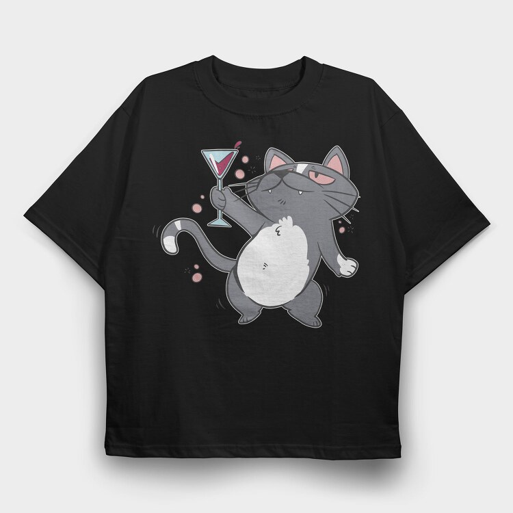 Drunk Cat With Drink, Tricou Oversize Barbati (Unisex)