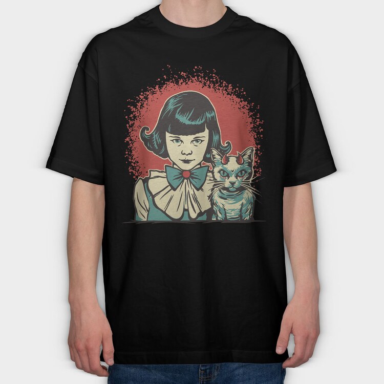 Diabolic Girl And Cat, Tricou Oversize Barbati (Unisex)